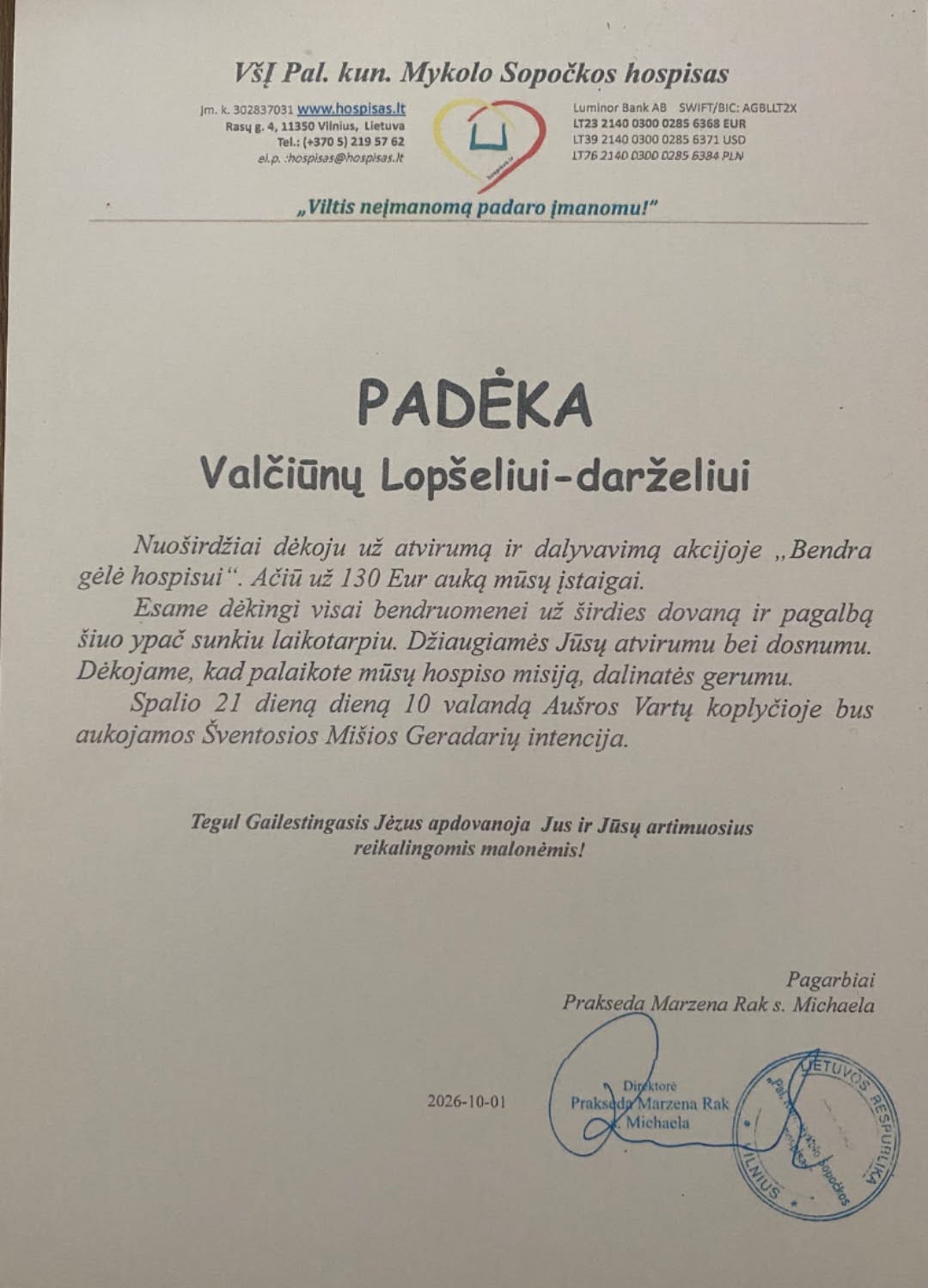 Padėka už dalyvavimą akcijoje „Bendra gėlė hospisui”